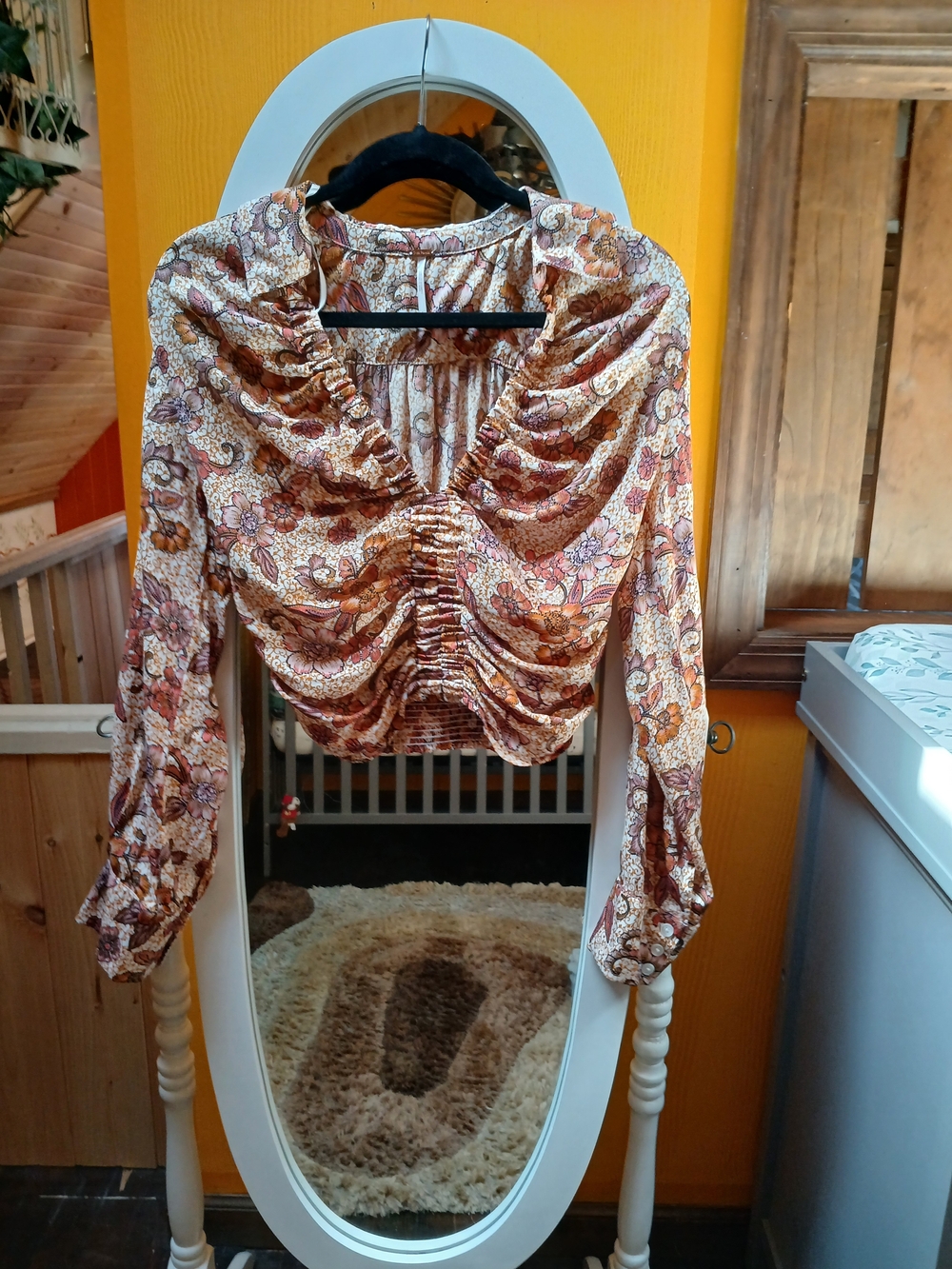Free People Brown & Cream Floral Ruched Long-Sleeve Crop Top